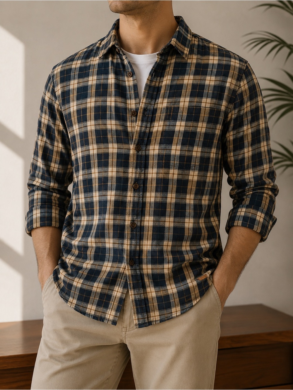 Being Human Men’s Navy & Tan Plaid Long Sleeve Button-Down Shirt – Size 2XL